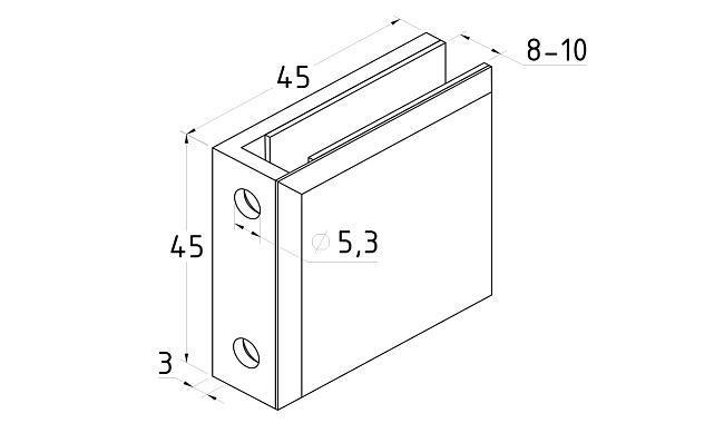 Коннектор для душевой  стена-стекло 45х45 мм, 90°, с двумя отверстиями, цинк, полированный t731 PZn 3