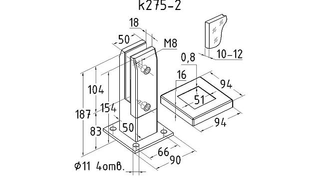 Стеклодержатель напольный 50х50х190 мм, литой, плоский, для стекла 10-12 мм, нержавеющая сталь AISI 304, полированная k275-2 3