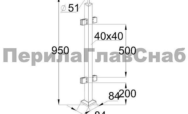 Стойка квадратная 40х40: 4 литых квадратных стеклодержателя, полированная, высота 950 мм (AISI 304) k748 2