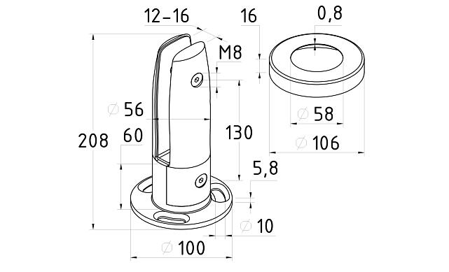 Стеклодержатель литой напольный, круглый, для стекла 12-16  мм, полированный (AISI 304) k176-2 3