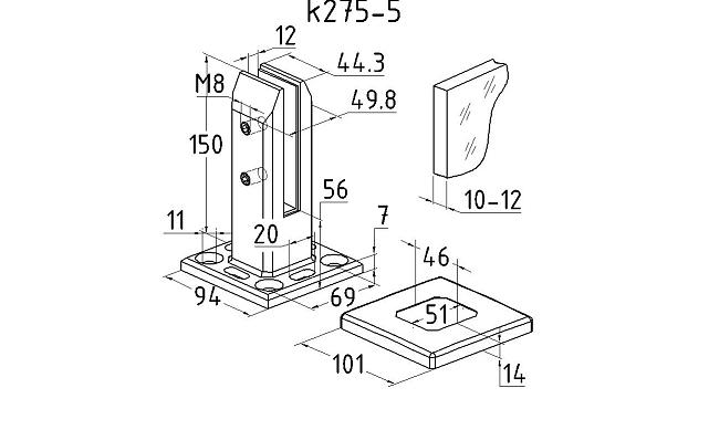 Стеклодержатель напольный 45х50х160 мм, для стекла 10-12 мм, литой, плоский, без сверления, нержавеющая сталь AISI 304, полированная k275-5 2