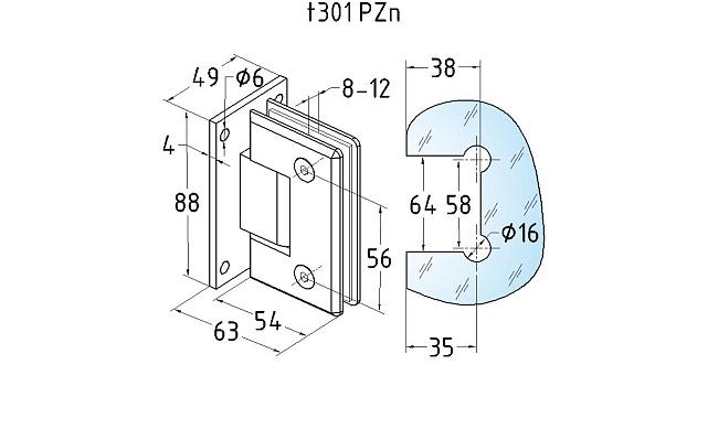 Петля для душевой кабины стена-стекло 90° 90х55 мм цинк, полированная t301 PZn 2