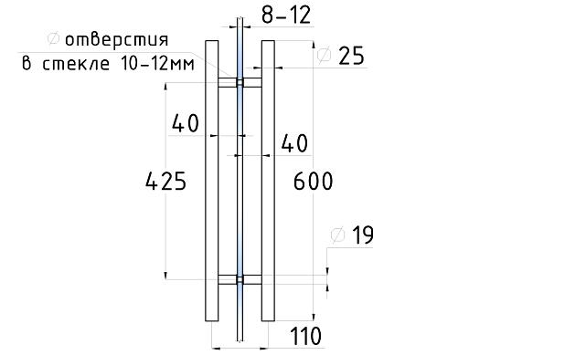 Ручка для стеклянной двери рейлинг двухсторонняя для стекла 8-12 мм, 25х425х600 мм, шлифованная t633-2-600 SSS 2